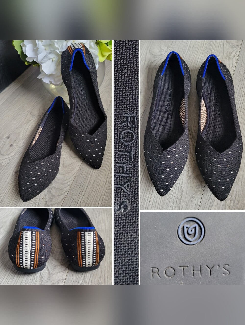 Rothy's The Point Black and Ivory Polka Dot Flats, Women's US 7.5 EU 38